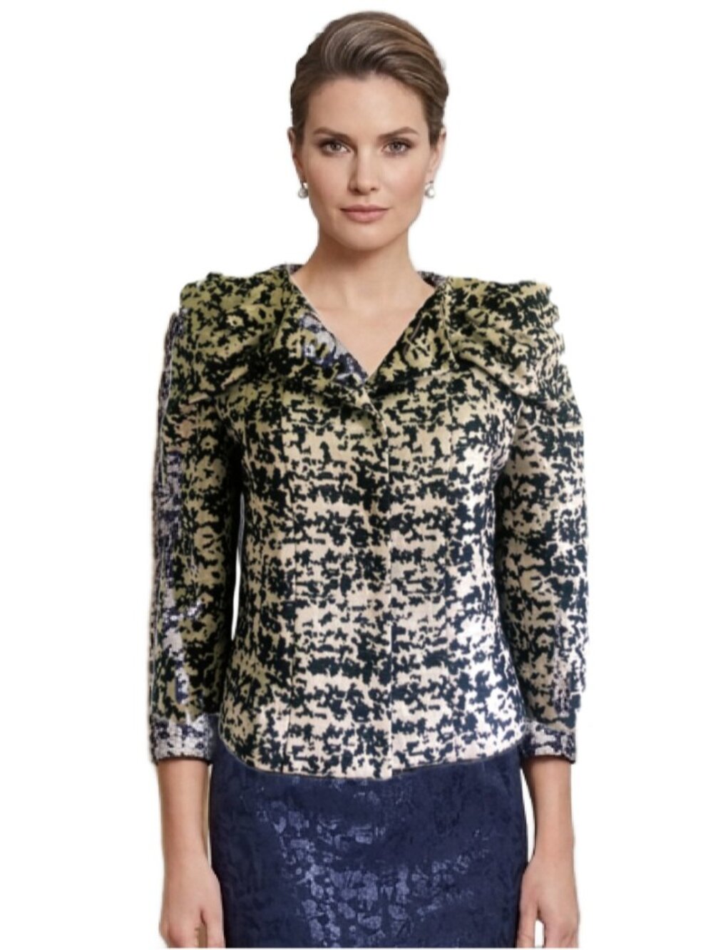 ECAILLE Paris Textured Silver Navy Brocade Sculptural Bow Shoulders Jacket Sz 12
